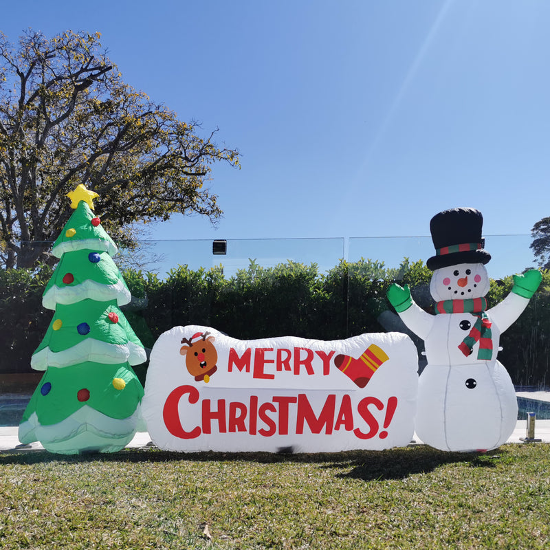 Christmas Decoration Inflatable 3m Wide Merry Christmas Banner Snowman & Tree LED Lit Indoor/Outdoor