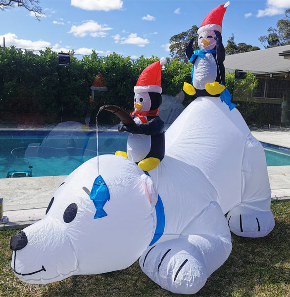 Christmas Decoration Inflatable 180cm Long Polar Bear with Twin Penguins LED Lit Indoor/Outdoor