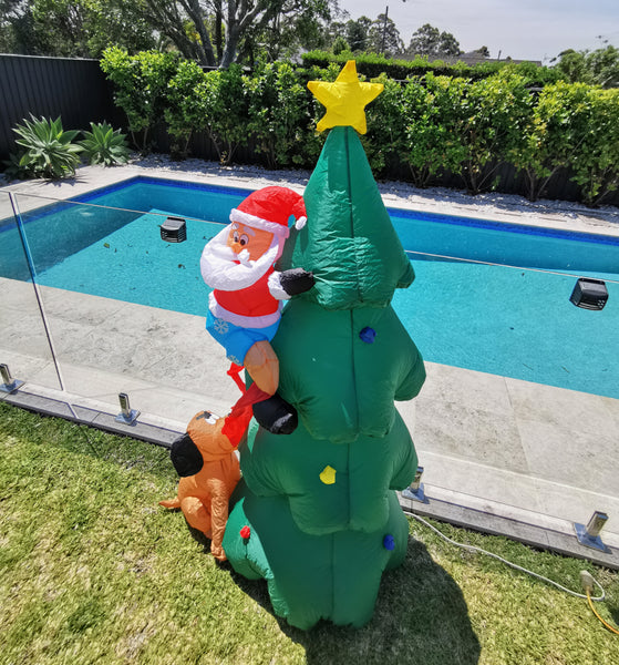 Christmas Decoration Inflatable 180cm Tall Christmas Tree Santa Chased by Dog LED Lit