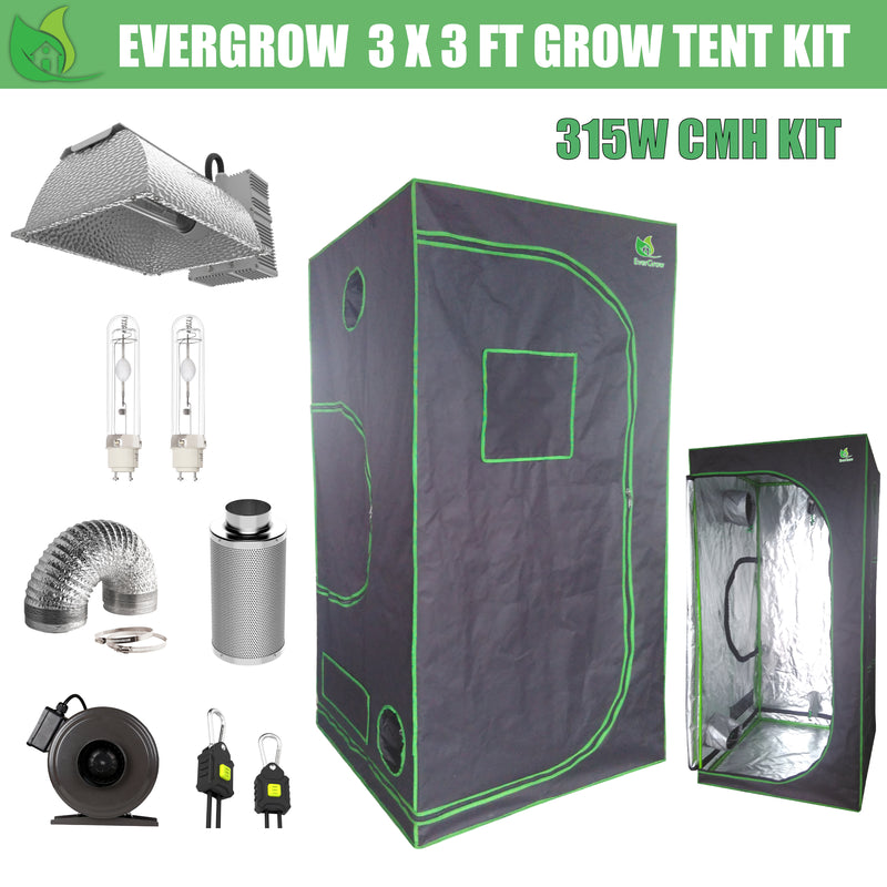 EverGrow Pro Series 3x3 ft CMH 315W Hydroponic Grow Tent Full Bundle Kit
