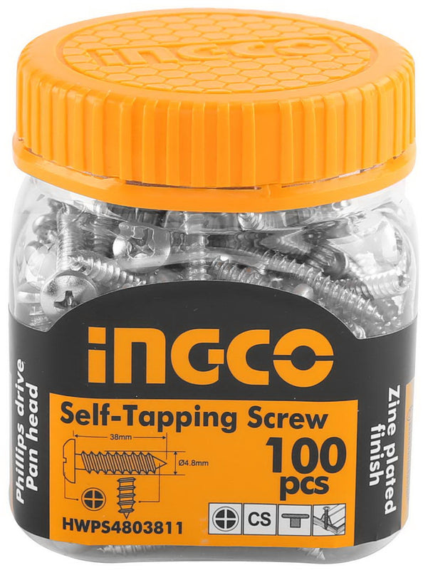 INGCO 100 Pcs 10G Pan Head 38mm Self Tapping Screw Zinc