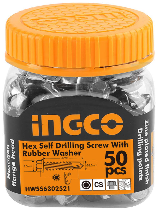 INGCO 50 Pcs 14G Hex Bolt 25mm Self Drilling Screw Zinc