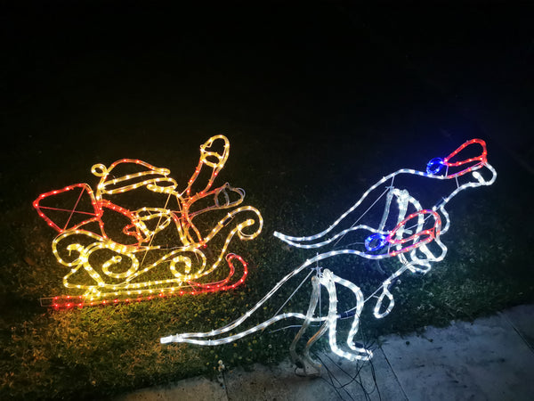 Christmas LED Motif Animated Santa Riding Kangroos Sleigh 280x70cm Outdoor Rope Light
