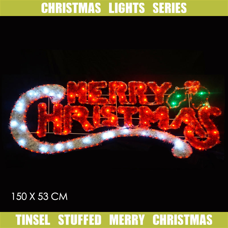 Christmas LED Motif Tinsel Stuffed Merry Christmas 150x53cm Indoor Outdoor Display Sign