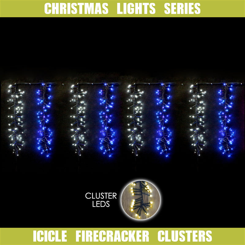 800 LED Icicle Firecracker Cluster Lights Wave/Water Flow Function Effect - Blue White Edition