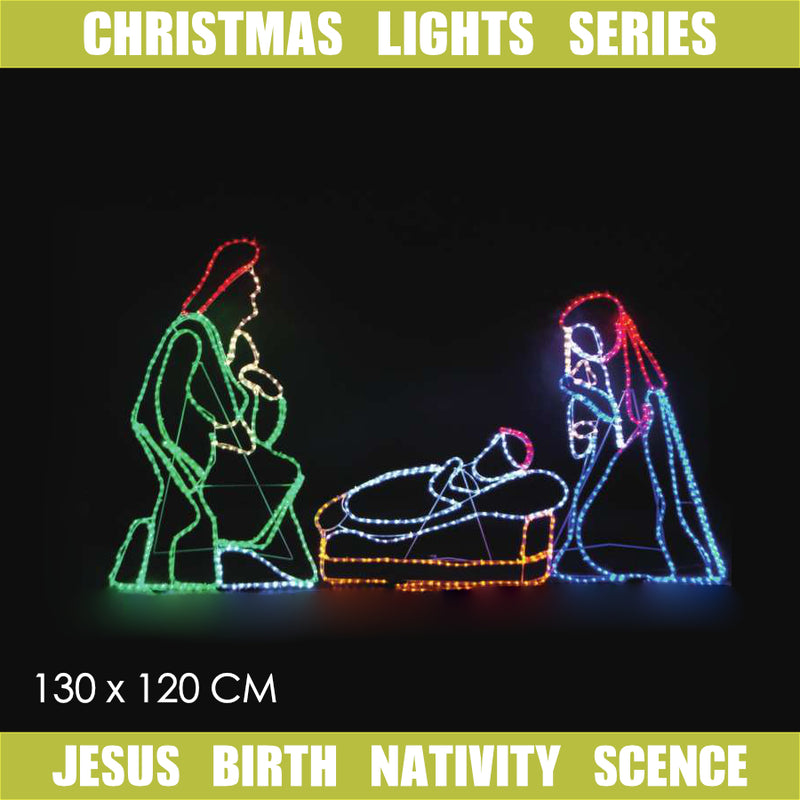 Christmas LED Motif Mary Joseph Jesus Birth Nativity Scene 130 x 120cm Outdoor Rope Light