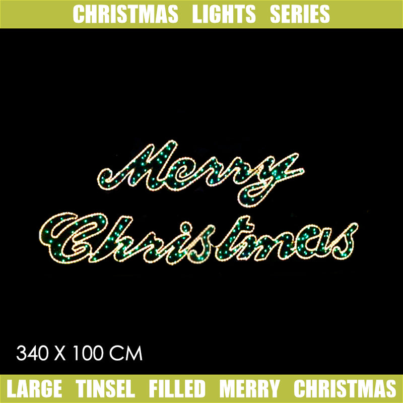 Christmas LED Motif Green Tinsel Stuffed Merry Christmas Warm Lights 340x100cm Outdoor