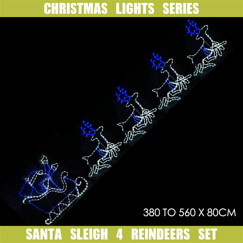 Christmas LED Motif Santa Riding Reindeers in Sleigh 560x80cm Blue White Edition