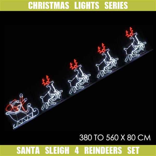 Christmas LED Motif Santa Riding Reindeers in Sleigh White Edition 560x80cm Indoor Outdoor Display Sign