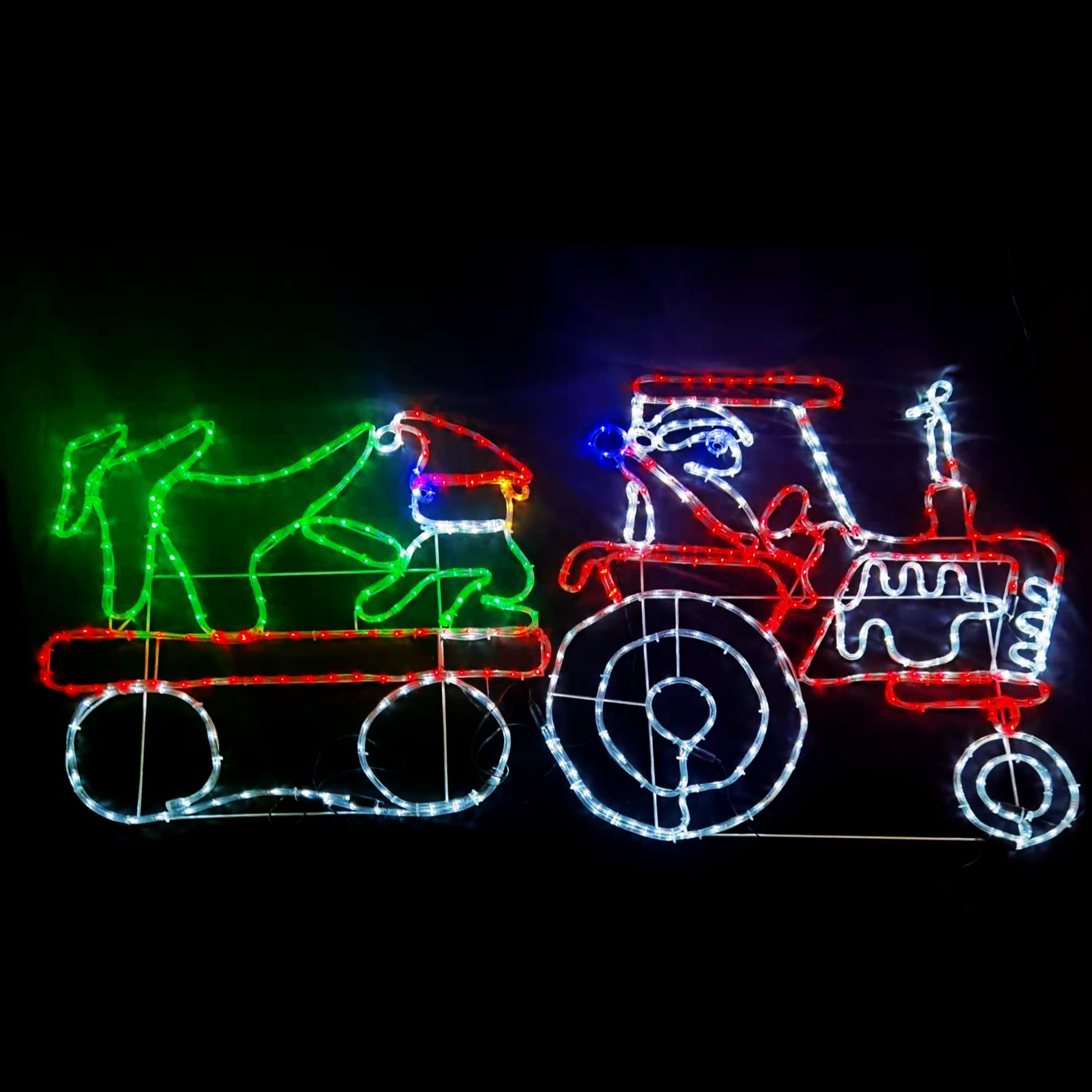 Santa Riding Tractor Christmas LED Motif Santa Riding Tractor Elf Harvesting 190x90cm Outdo