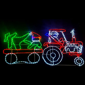 Christmas LED Motif Santa Riding Tractor Elf Harvesting 190x90cm Outdoor Rope Light