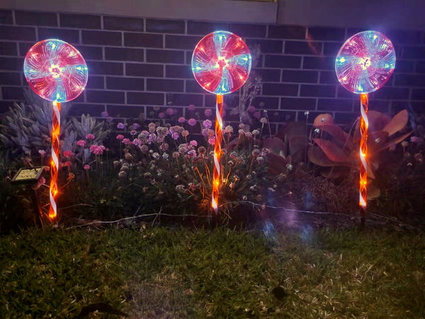 Solar Powered Candy Lollipop 3pcs Set 69cm Tall Garden Stake Christmas Lights
